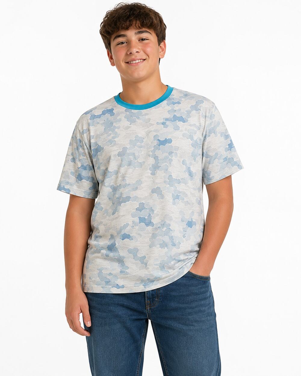 Univibe Boys Large Blue Gray White Camo Short Sleeve T-Shirt Tee NWOT